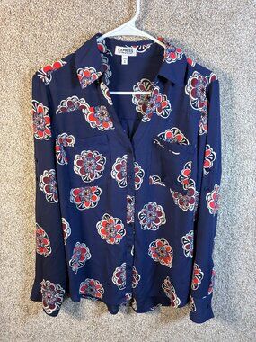 Express Portofino Shirt Womens M Navy Floral Medallion Button Front Blouse Boho